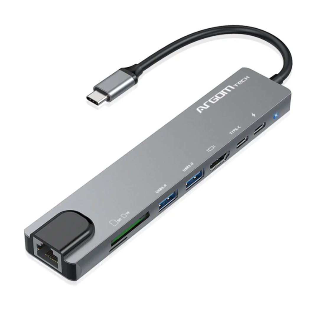 HUB ARGOM 8 IN 1 TYPE-C ONE AXESS SD/ TF/ HDMI/ 2XUSB3.0/ RJ45/ PD/TYPE-C ARG-UB-0093