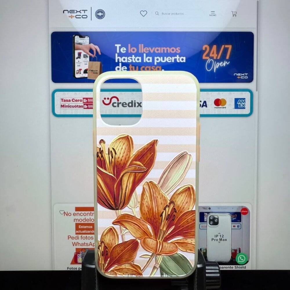 Estuche Iphone 12 mini Army Diseño Flores naranja fondo rosa