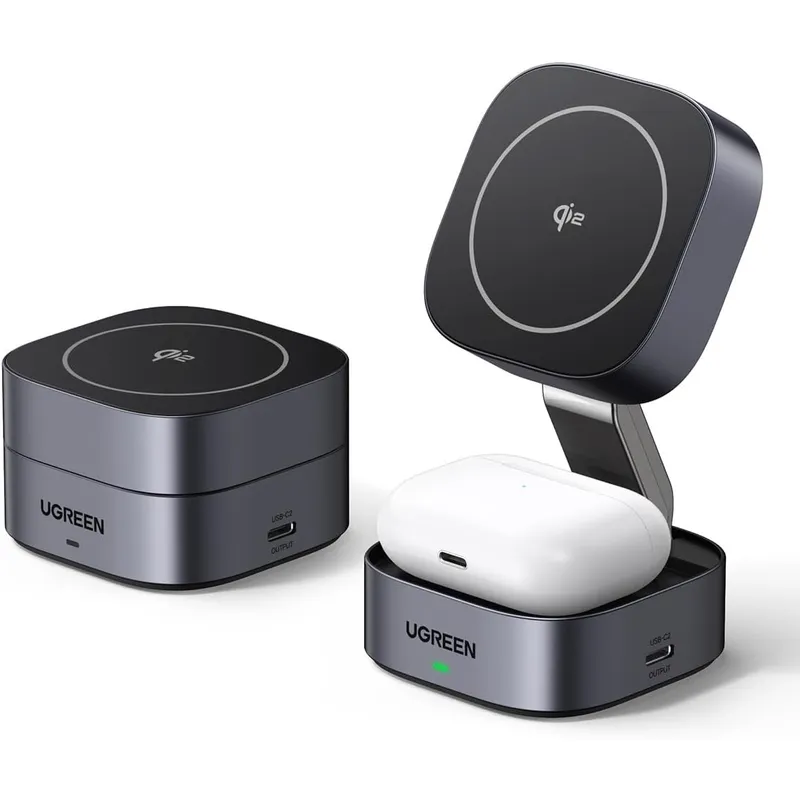 Cargador Inalambrico 2 En 1 Ugreen W702 15W Magnetico y Plegable Carga Rapida Para Apple 35316 Gris